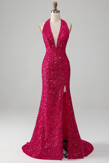 Fuchsia havfrue Halter paljett ballkjole med spalt